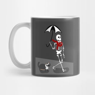 Cute Skeleton In Red Scarf Walking With Black Cat Mug